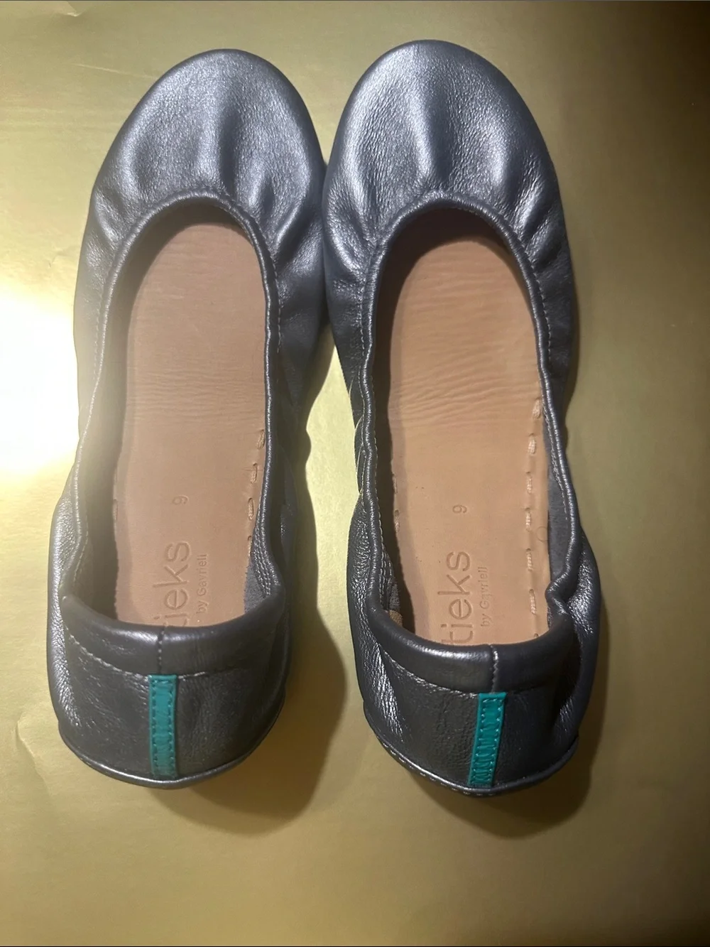 Tieks Metallic Gray Ballet Flats with Teal Heel Tab